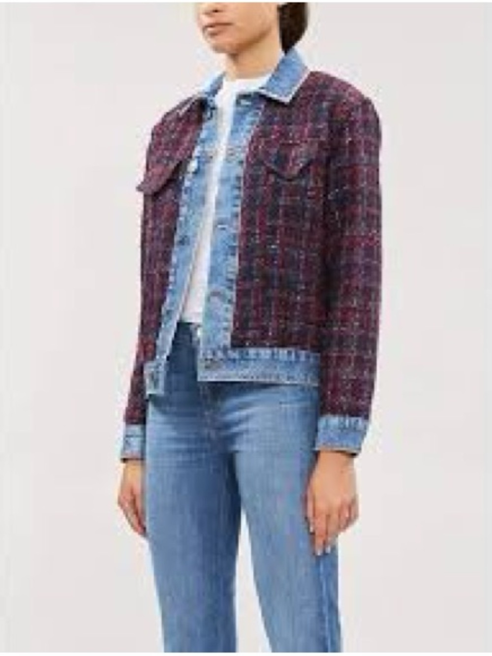 Sandro Paris Tweed Denim Combo Jacket Button Up Outerwear Women's 36 US 4